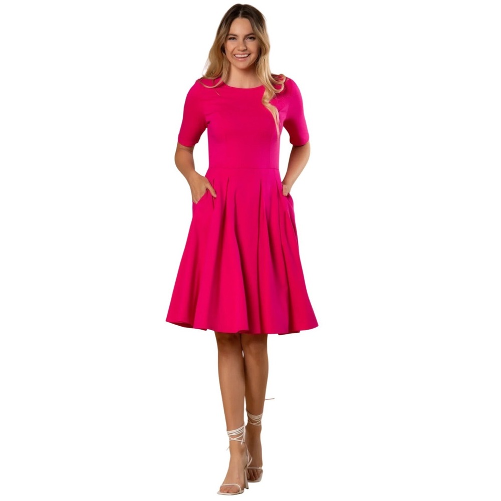 Brigitte Brianna Hot Pink Modest Fit & Flare Dress Pockets SM-D1-1107 Womens M